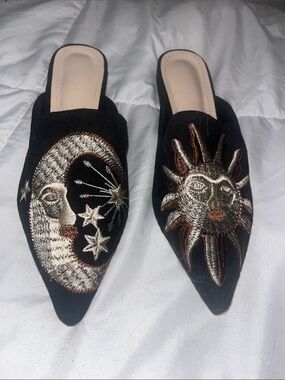 Embroidered Sun & Moon Black Velvet Slip-On Mules